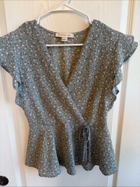 Monteau Sage Green Floral Wrap Top with Peplum